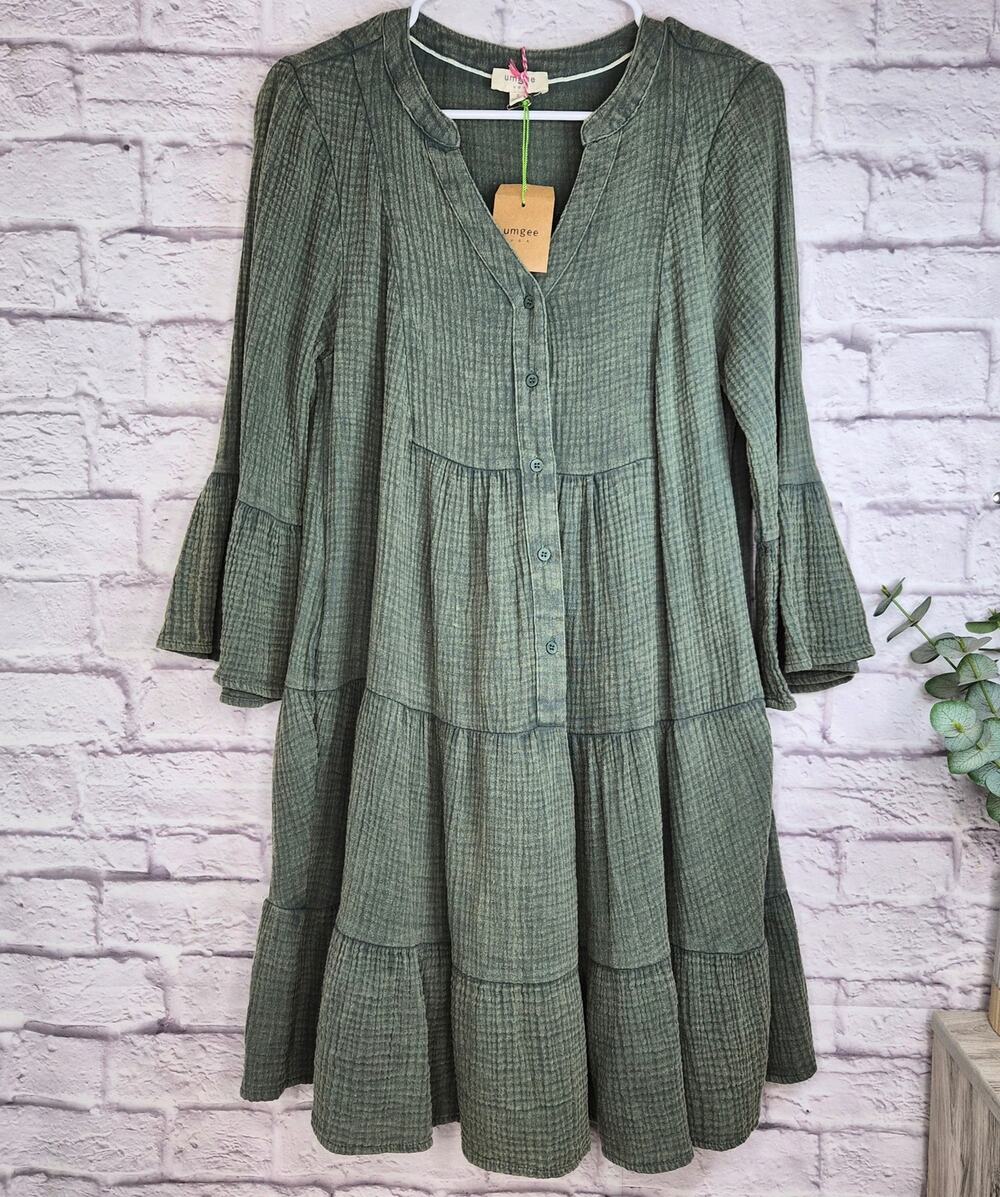 Umgee Boho Crinkle Gauze Cotton Tiered Babydoll Tunic Mini Dress Olive Small